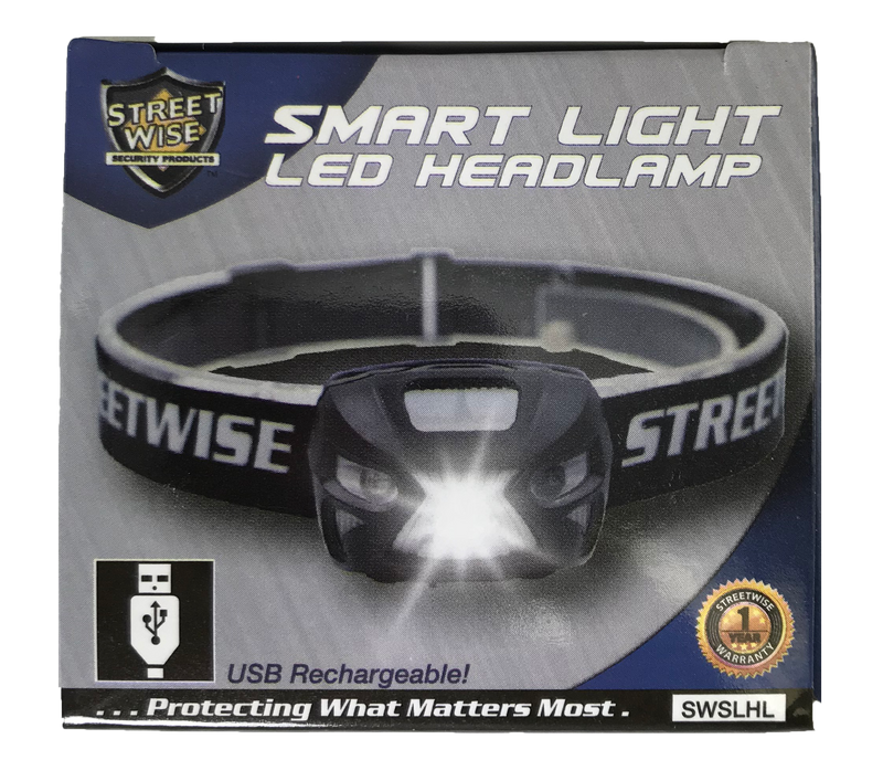 Streetwise Smart Light LED Headlamp is the smartest flashlight you will ever own! Its rechargeable so you will never have to waste money on batteries. Shown with packaging.