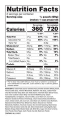 beef stroganoff pouch label close‑up showing ingredients, serving details and the nutrition facts including calories
