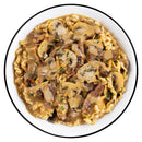 beef stroganoff signature freeze-dried adventure meal with beef, pasta, mushrooms, and cream sauce served ready to eat