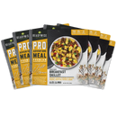 freeze‑dried breakfast skillet meal case containing six pouches with eggs, sausage, cheese, peppers, and potatoes