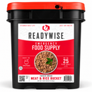 Ready Wise freeze-dried meat and rice emergency food bucket containing beef, chicken, sausage and instant white rice.