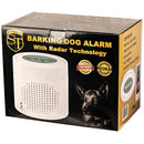 Retail box for the Safety Technology barking dog alarm featuring product imagery and callouts for radar‑based motion detection.