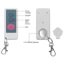 Safety Technology barking dog alarm shown with its handheld remote, featuring clearly marked buttons for mode selection and radar‑triggered activation control.