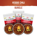 ReadyWise self-heating veggie chili soup meal kit with snack and flameless heating accessories for camping and emergency preparedness.