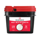 Ready Wise 120 serving emergency whey milk alternative storage bucket containing shelf-stable powdered beverage mix.