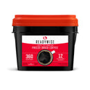 ReadyWise 360 serving Colombian freeze-dried instant coffee bucket with red lid for emergency food storage.