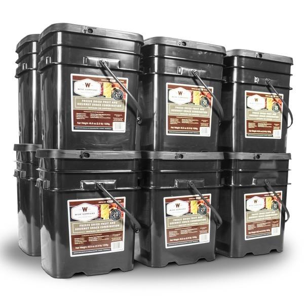 Emergency preparedness survival food kit with 1440 servings of variety of fruit freeze dried with 25 year shelf life.