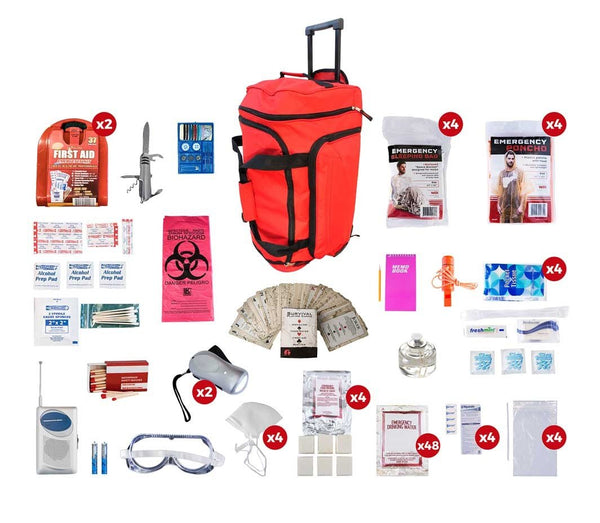 4 person deluxe survival kit the items are packed securely in our Large Wheel Bag. This large duffle bag features multiple pockets and wheels for easy mobility