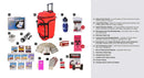 44 Meals food storage survival kit with red wheel bag. List of contents shown.