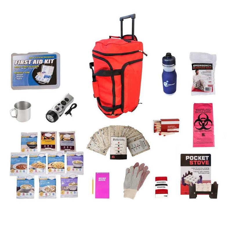 44 Meals food storage survival kit with red wheel bag.
