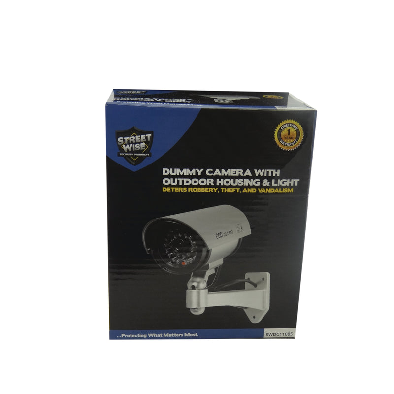 Now you can deter robbery and theft and vandalism without the high cost of a real security camera with this fake dummy security camera looks real. Shown with packaging.