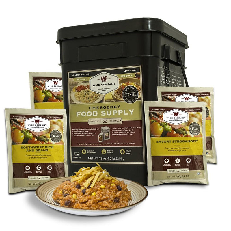 Emergency prepper survival food kit with 52 servings food and drinks.