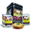 Emergency preparedness 60-serving entree grab n-go food bucket with 25 year shelf life.