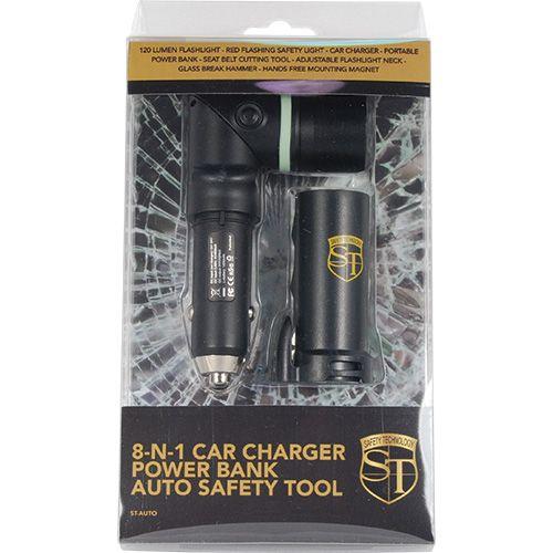 Safety Technology manufacturer packaging for the 8 in 1 car safety tool.