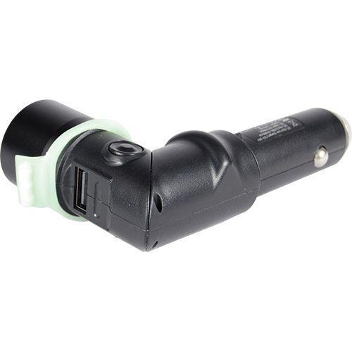 The USB car charger plugs into the 12 volt DC receptacle for charging cell phones and tablets.