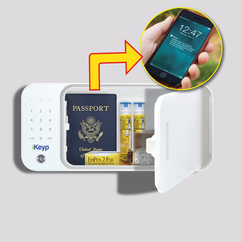 iKeyp Bolt Smart storage safe shown with valuables and medication inside.