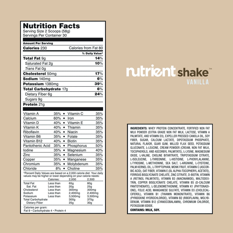 Nutrient shake bulk bag with 30 servings. List of ingredients shown.