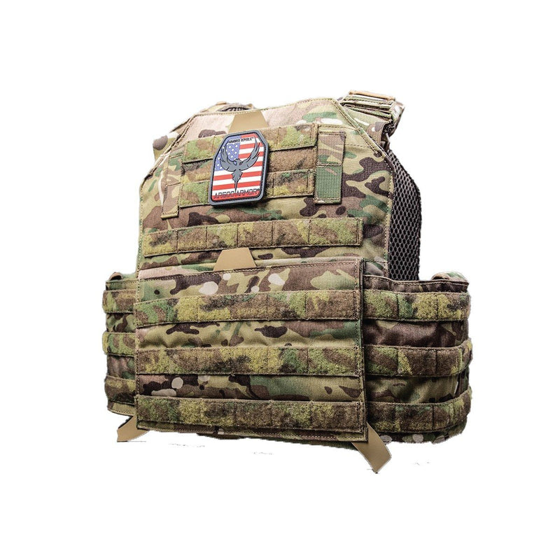 The AR500 Testudo plate carrier multi-cam style with green view of the side.