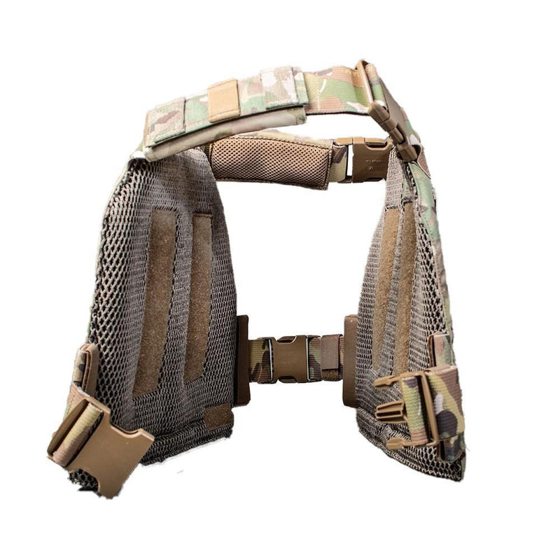 The AR500 Armor Veritas modular plate carrier in the color multi camo shown image side view.