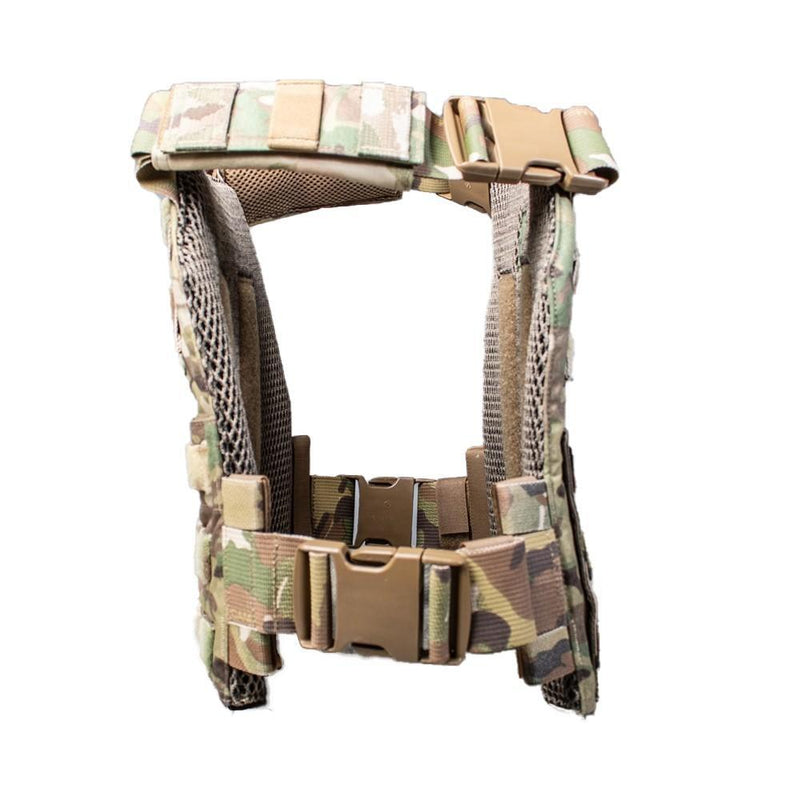 The AR500 Armor Veritas modular plate carrier in the color multi camo shown side view.
