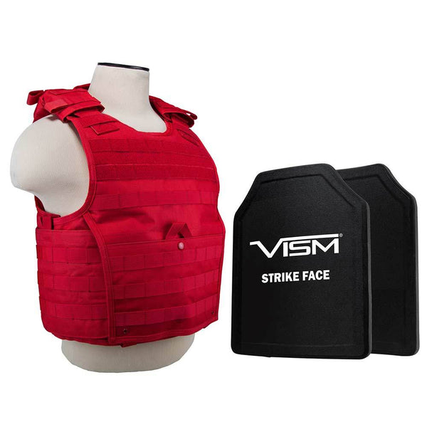 The Vism from NcStar expert plate red carrier has MOLLE webbing and level 3A ballistic plate protection.