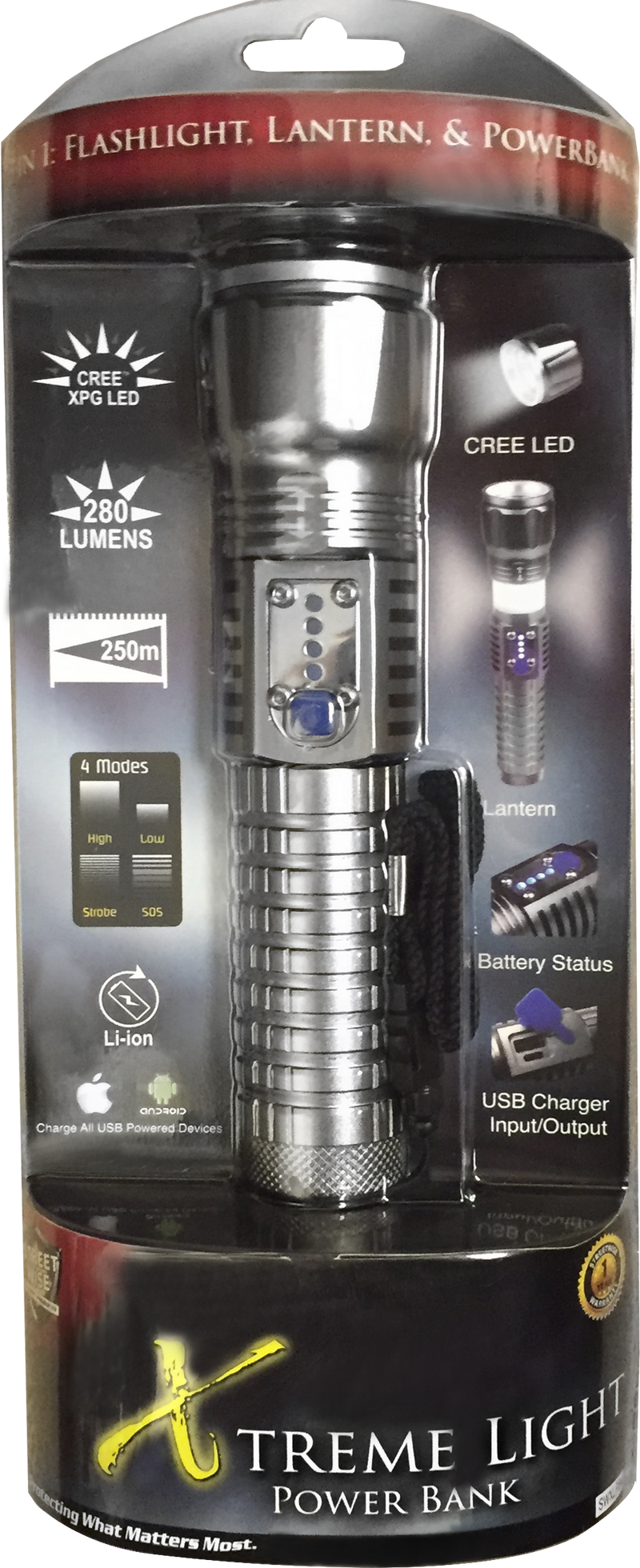 Streetwise flashlight with power bank. Shown with packaging.