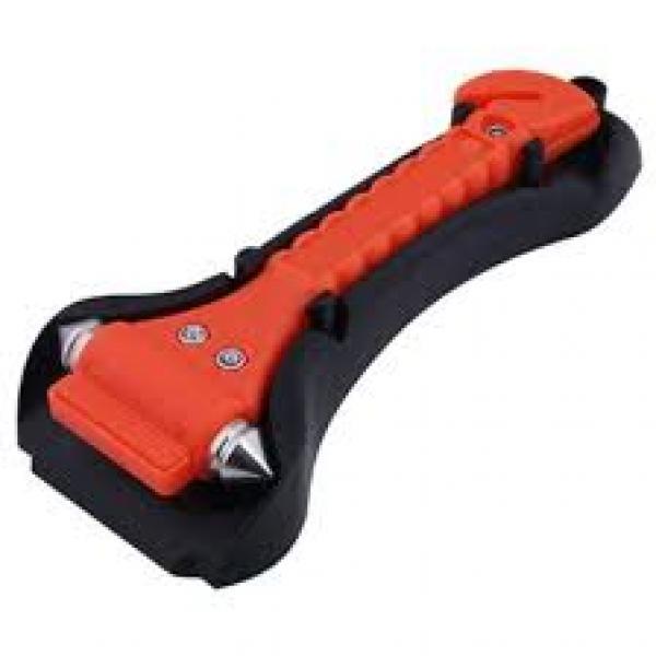 Car safety tool in emergency breaks glass and cuts seat belt if trapped.