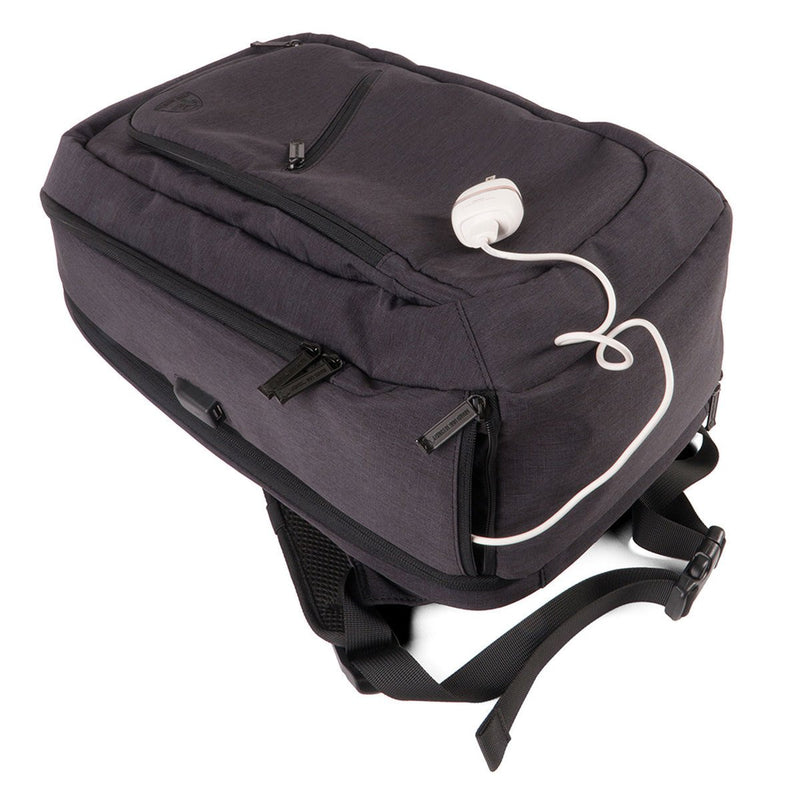 Guard Dog Proshield bulletproof backpack. Shown with usb cable and charger out.