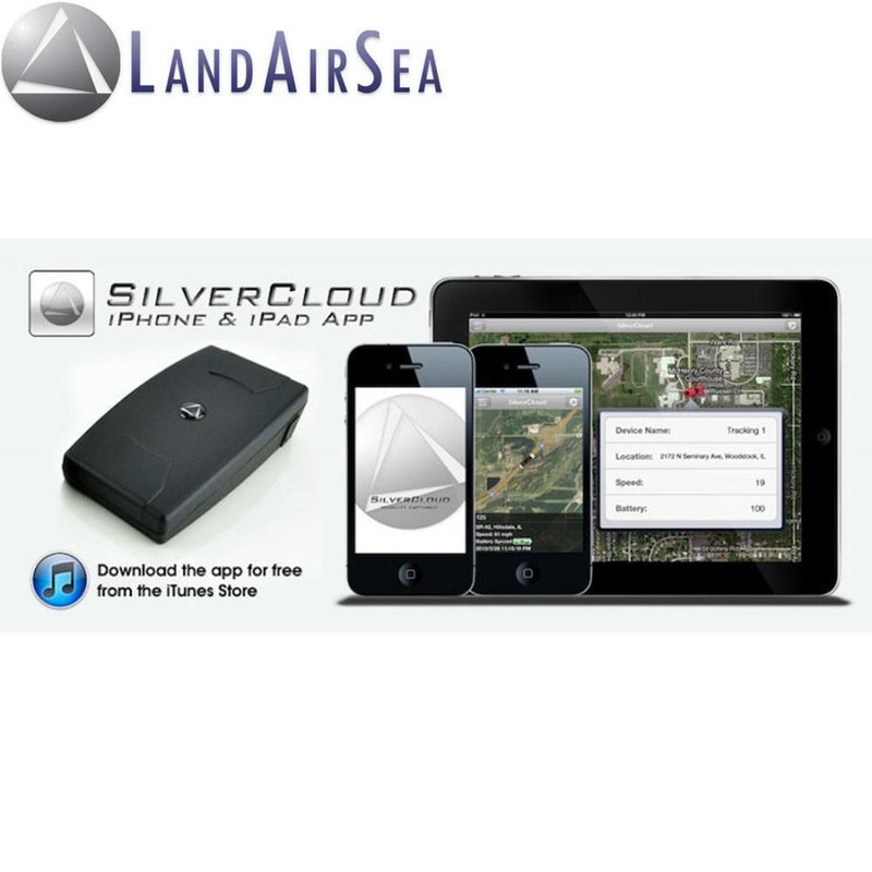 LandAirSea 2400 SilverCloud overdrive personal tracking device. Shown with the app.