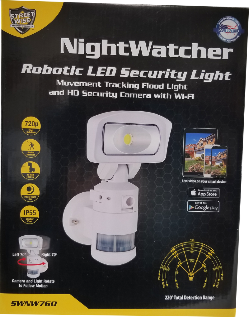 Nightwatcher robotic wifi hd camera with powerful led light. Shown with packaging.