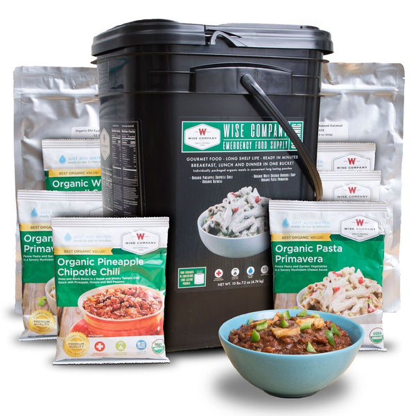 90 serving Organic Emergency Freeze Dried Food Bucket. 60 servings of organic entrées, 30 servings of organic breakfasts shelf life of up to 25 years.