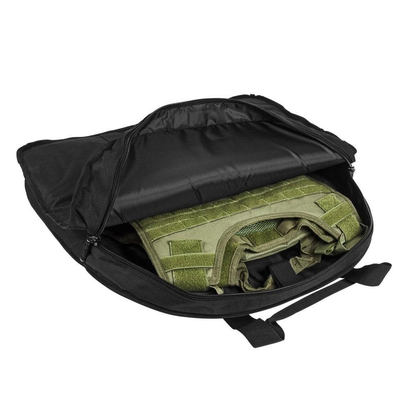 Vism plate carrier & tactical vest bag compartment shows ballistic vest stored inside.