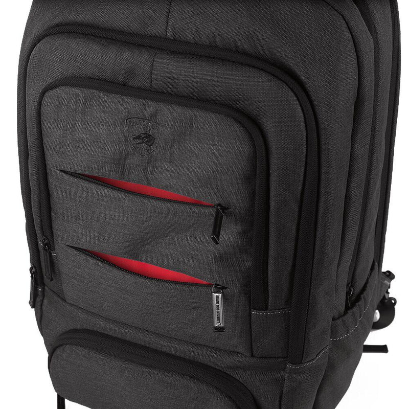 ProShield flex bulletproof backpack in charcoal color. Compartments shown.