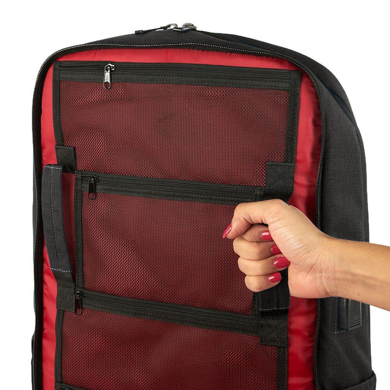 ProShield flex bulletproof backpack in charcoal color. Netting and handles shown.