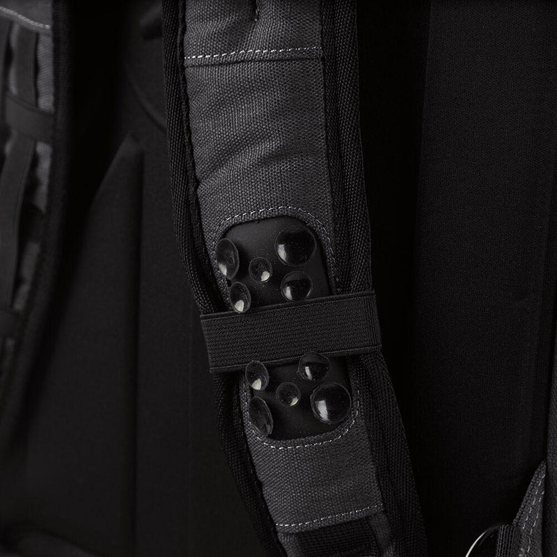 ProShield flex bulletproof backpack in charcoal color. Straps shown.