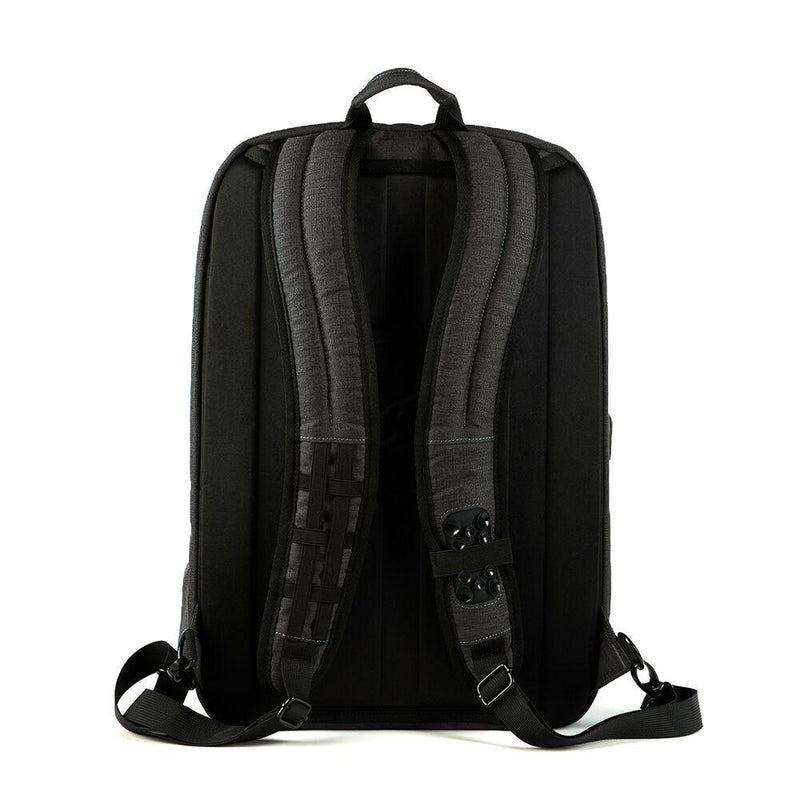 ProShield flex bulletproof backpack in charcoal color. View of the straps shown.
