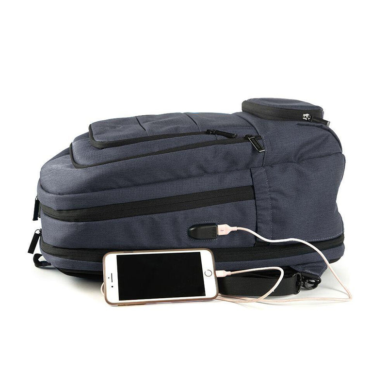 Lightweight bulletproof backpack with NIJ Level IIIA ballistic protection for women and men personal safety. USB charging port shown.