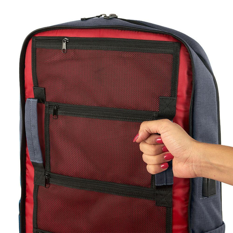 Lightweight bulletproof backpack with NIJ Level IIIA ballistic protection for women and men personal safety. Netting and handles shown.