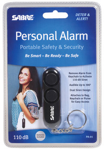 SABRE personal alarm attaches to bag, key-chain or purse for easy access offering effective self defense protection for women.