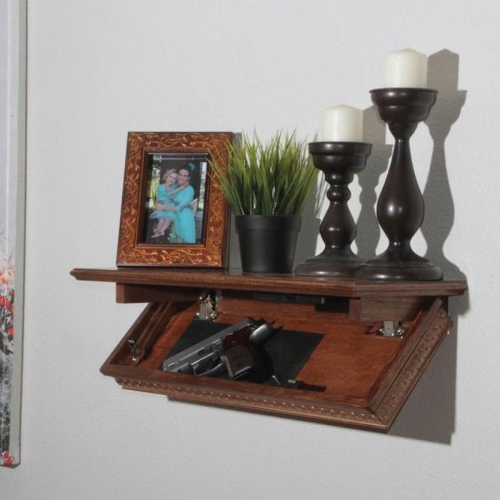 The Walnut Color Quick Shelf Safe with RFID. Safely and securely hides your valuables in the open with quick access. Shown while open.