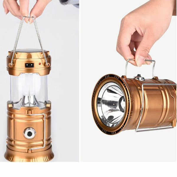 Solar power camping and survival light with rechargeable USB ports.