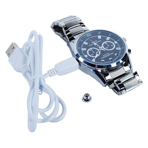 Spy wrist watch with silver band offers surveillance with secret hidden camera inside the watch.