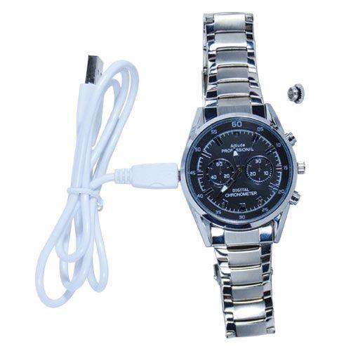 Spy watch with USB charge cord to keep wrist watch charged for surveillance when needed.