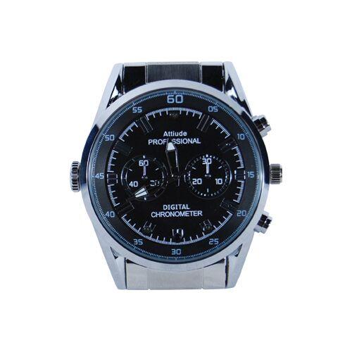 Spy watch with DVR, hidden night vision camera and silver band for surveillance.