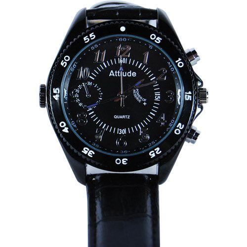 Spy wrist watch with DVR, hidden camera, night vision and black wrist band.