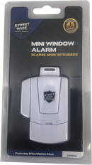 Streetwise Security Mini window alarm offers effective protection for home and business. Shown with packaging.