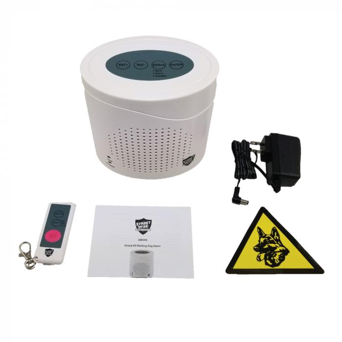 The Streetwise Virtual K9 barking dog alarm with image of all of the included contents.