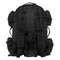 The VISM black tactical backpack with large compartments, MOLLE webbing shown in image the backside view.
