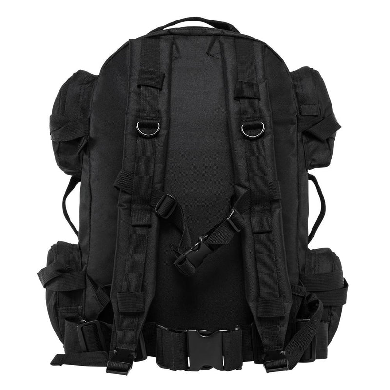 The VISM black tactical backpack with large compartments, MOLLE webbing shown in image the backside view.