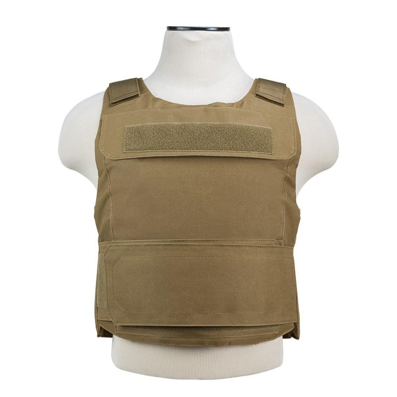 The Vism discreet plate carrier with armor panel pocket sized  8 inches x 10 inches shown in the color tan.